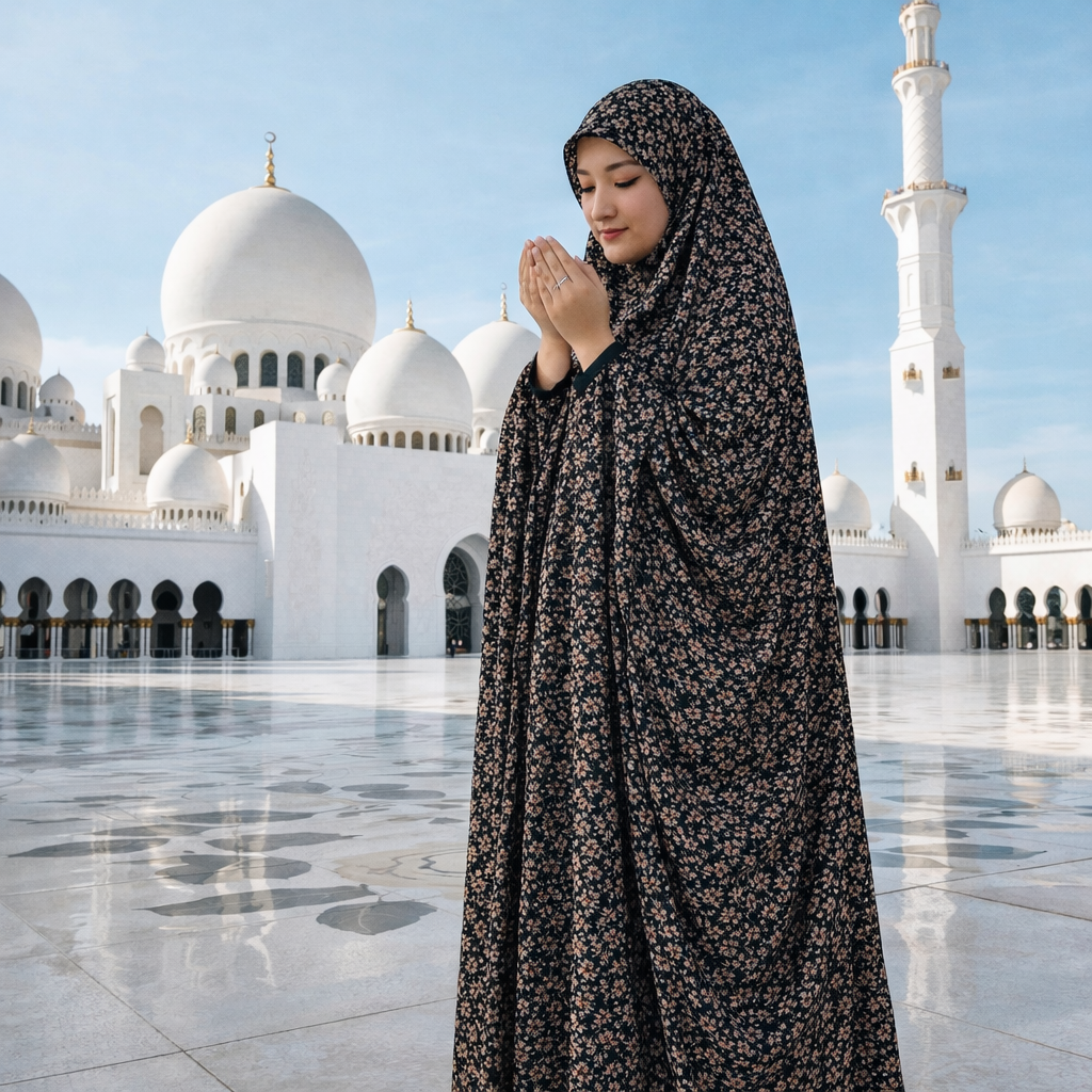 Stitched Namaz Chadar with Sleeves – Breathable Swiss Cotton Muslim Prayer Chadar for Women & Girls (Random Print)