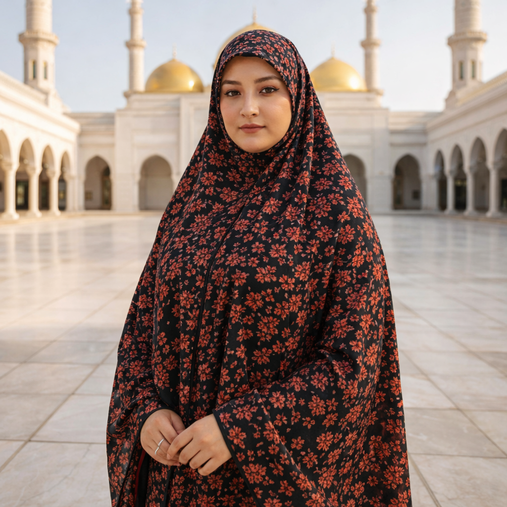 Stitched Namaz Chadar with Sleeves – Breathable Swiss Cotton Muslim Prayer Chadar for Women & Girls (Random Print)