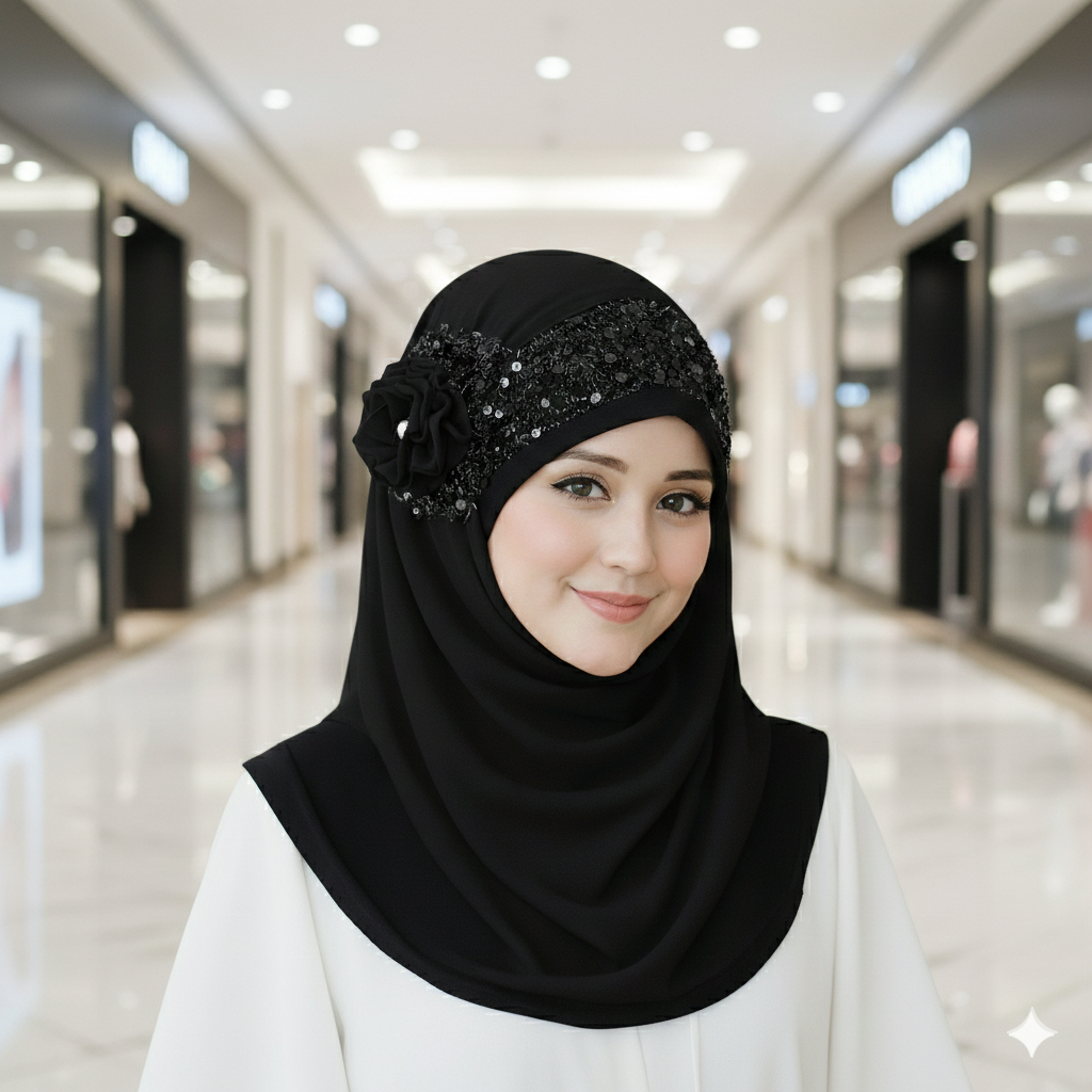 Noor-e-Elegance – Black Luxury Hijab (Party Wear Ready to Wear Hijab)