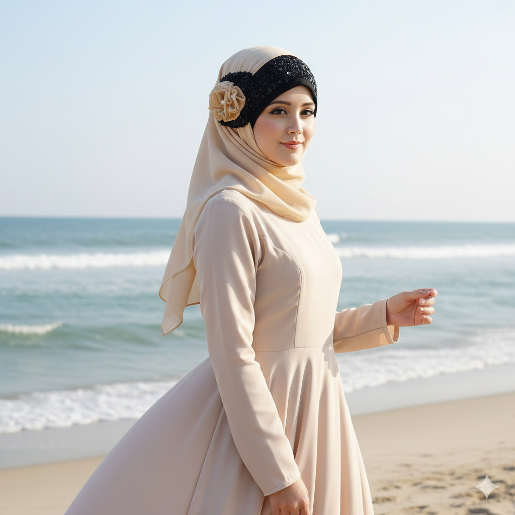 Noor-e-Elegance – Soft Beige Luxury Hijab (Party Wear Ready to Wear Hijab)