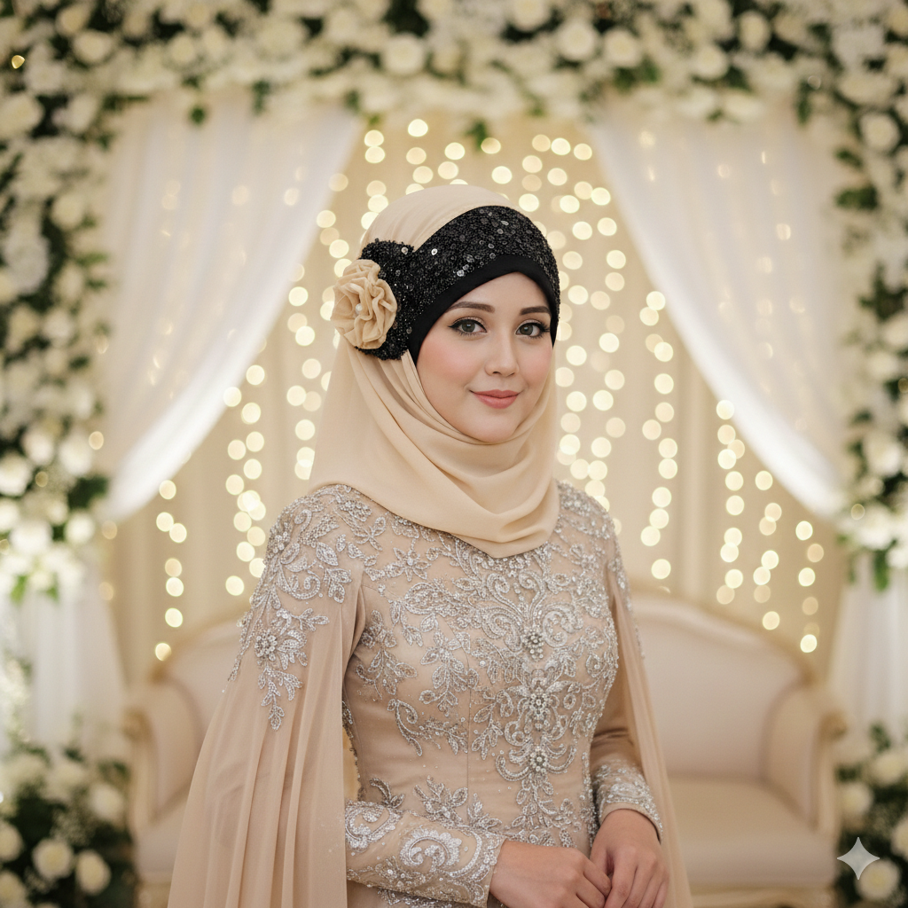 Noor-e-Elegance – Soft Beige Luxury Hijab (Party Wear Ready to Wear Hijab)