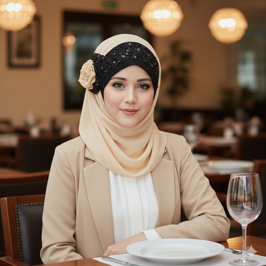 Noor-e-Elegance – Soft Beige Luxury Hijab (Party Wear Ready to Wear Hijab)