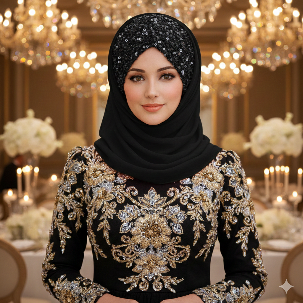 Shining Star Fancy Ready-to-Wear Hijab Perfect for Wedding & Party Wear (Black Color)