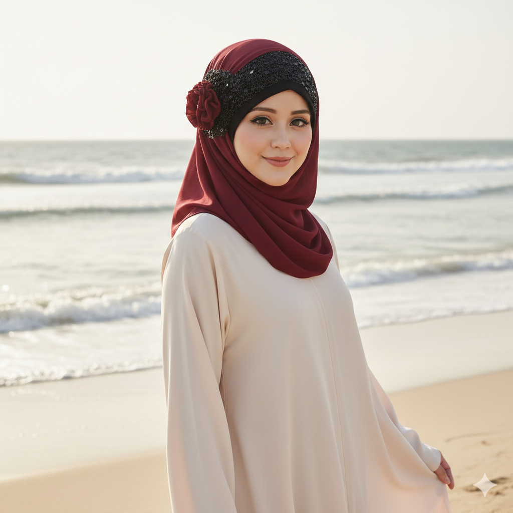 Noor-e-Elegance – Royal Maroon Luxury Hijab (Party Wear Ready to Wear Hijab)