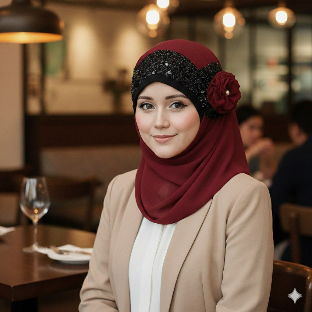 Noor-e-Elegance – Royal Maroon Luxury Hijab (Party Wear Ready to Wear Hijab)