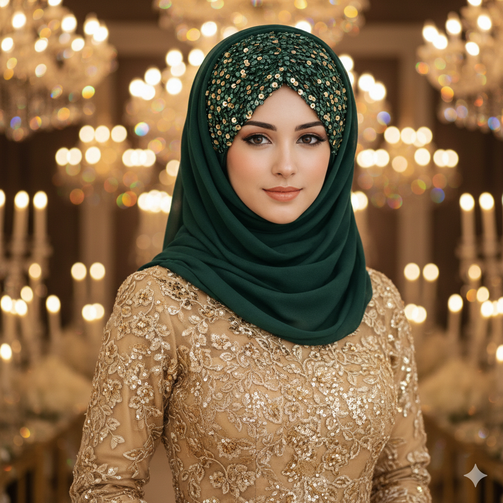 Shining Star Fancy Ready to Wear Hijab – Emerald Green | Luxury Wedding Wear