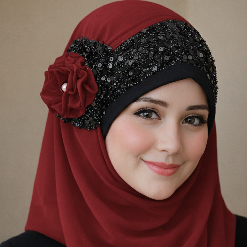 Noor-e-Elegance – Royal Maroon Luxury Hijab (Party Wear Ready to Wear Hijab)