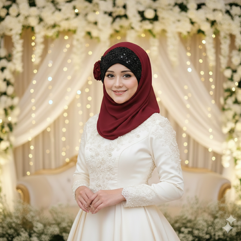 Noor-e-Elegance – Royal Maroon Luxury Hijab (Party Wear Ready to Wear Hijab)