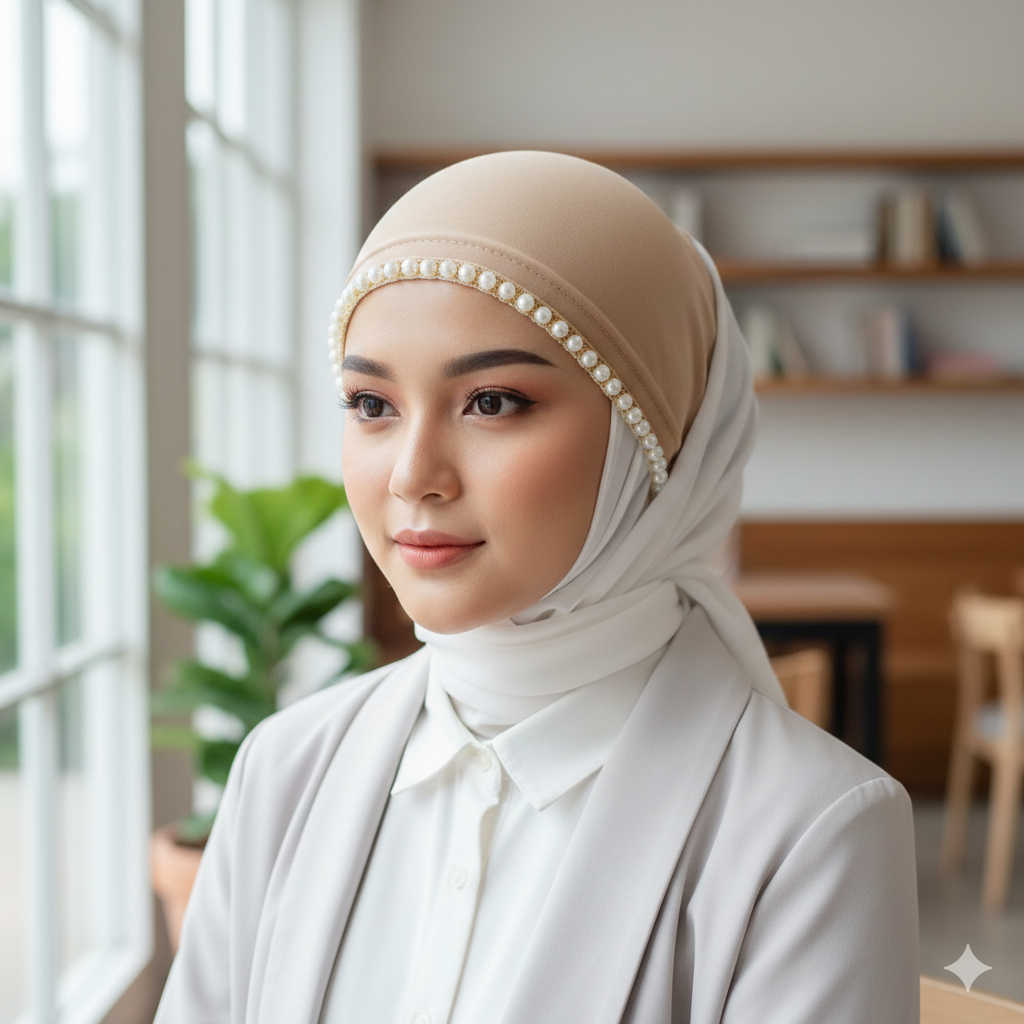 PARTY WEAR INNER PEARL FANCY HIJAB CAP FOR WOMEN & GIRLS, SKIN (BEIGE) COLOR