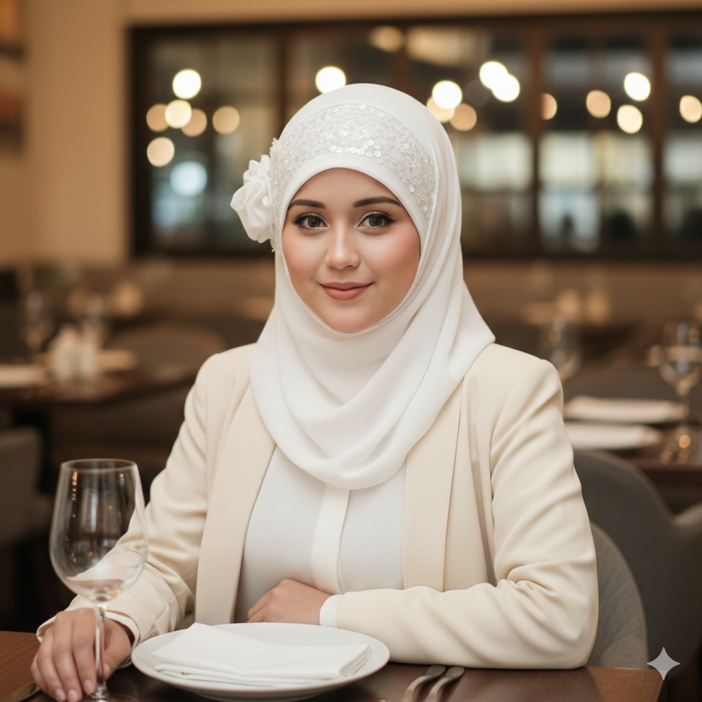 Noor-e-Elegance – Pure White Luxury Hijab (Party Wear Ready to Wear Hijab)