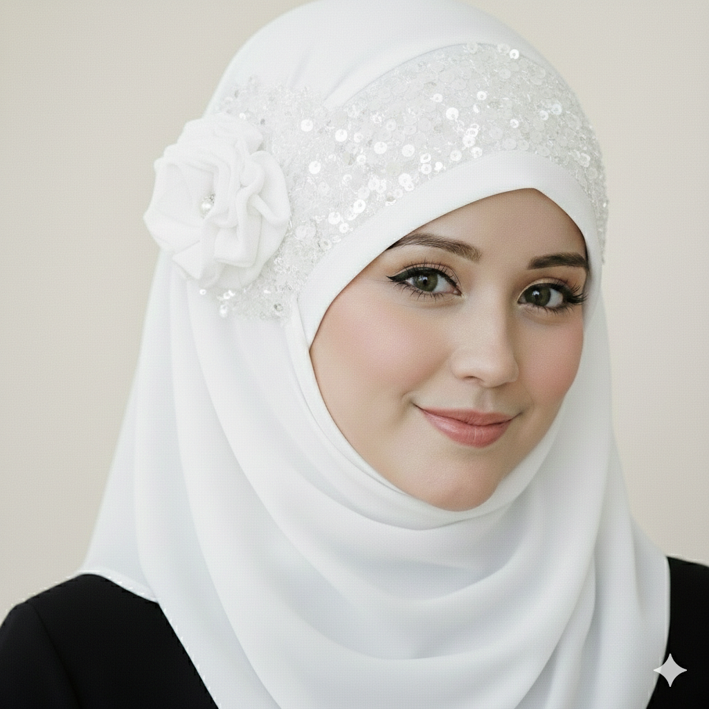 Noor-e-Elegance – Pure White Luxury Hijab (Party Wear Ready to Wear Hijab)