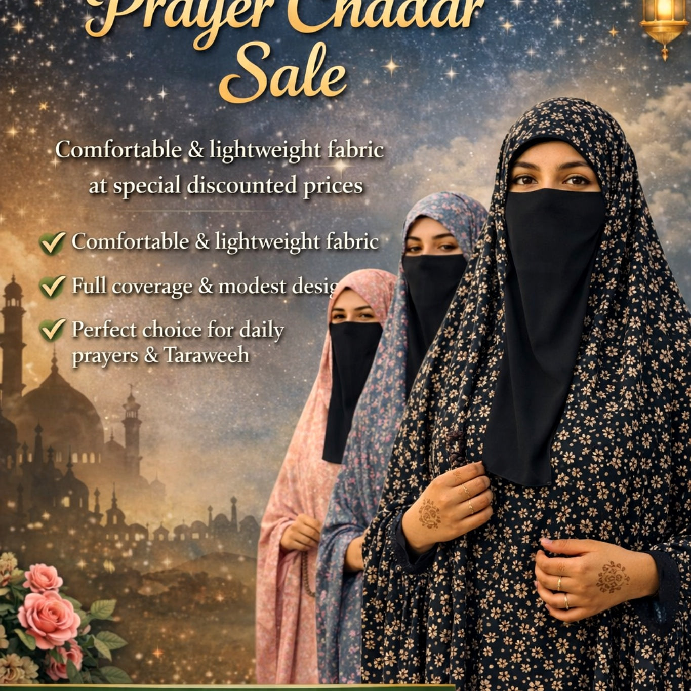 Stitched Namaz Chadar with Sleeves – Breathable Swiss Cotton Muslim Prayer Chadar for Women & Girls (Random Print)