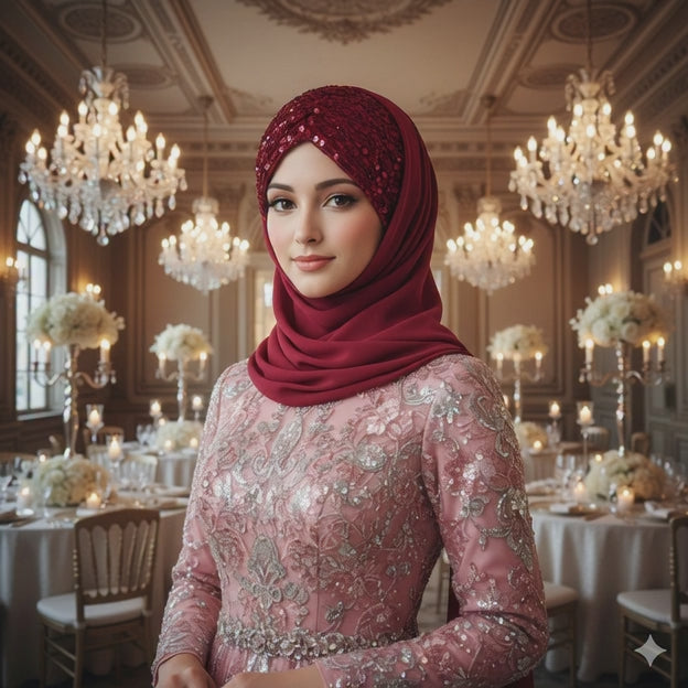 Shining Star Fancy Ready to Wear Hijab – Classic Wine Maroon | Luxury Wedding & Party Wear
