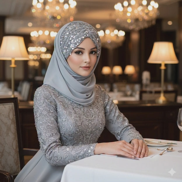 Shining Star Fancy Ready to Wear Hijab – Pearl Grey | Luxury Party & Formal Wear