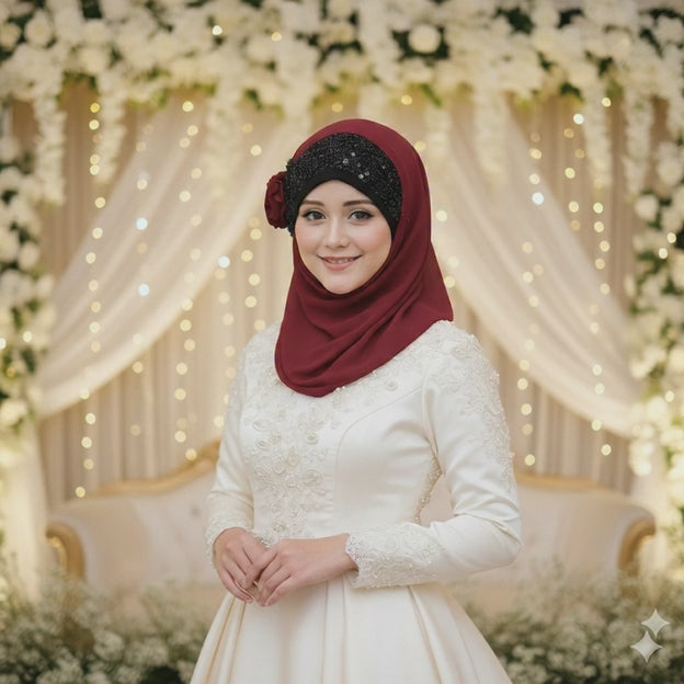 Noor-e-Elegance – Royal Maroon Luxury Hijab (Party Wear Ready to Wear Hijab)