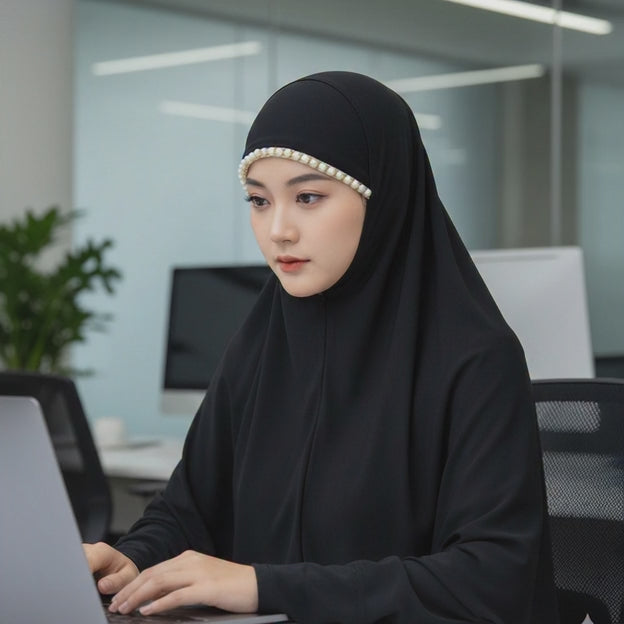 PARTY WEAR INNER PEARL FANCY HIJAB CAP FOR WOMEN & GIRLS BLACK COLOR